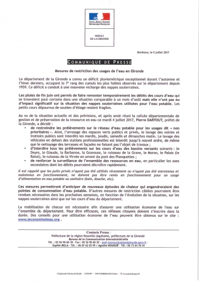 Mesures de restriction de l&#039;usage de l&#039;eau en Gironde Communiqué de Presse